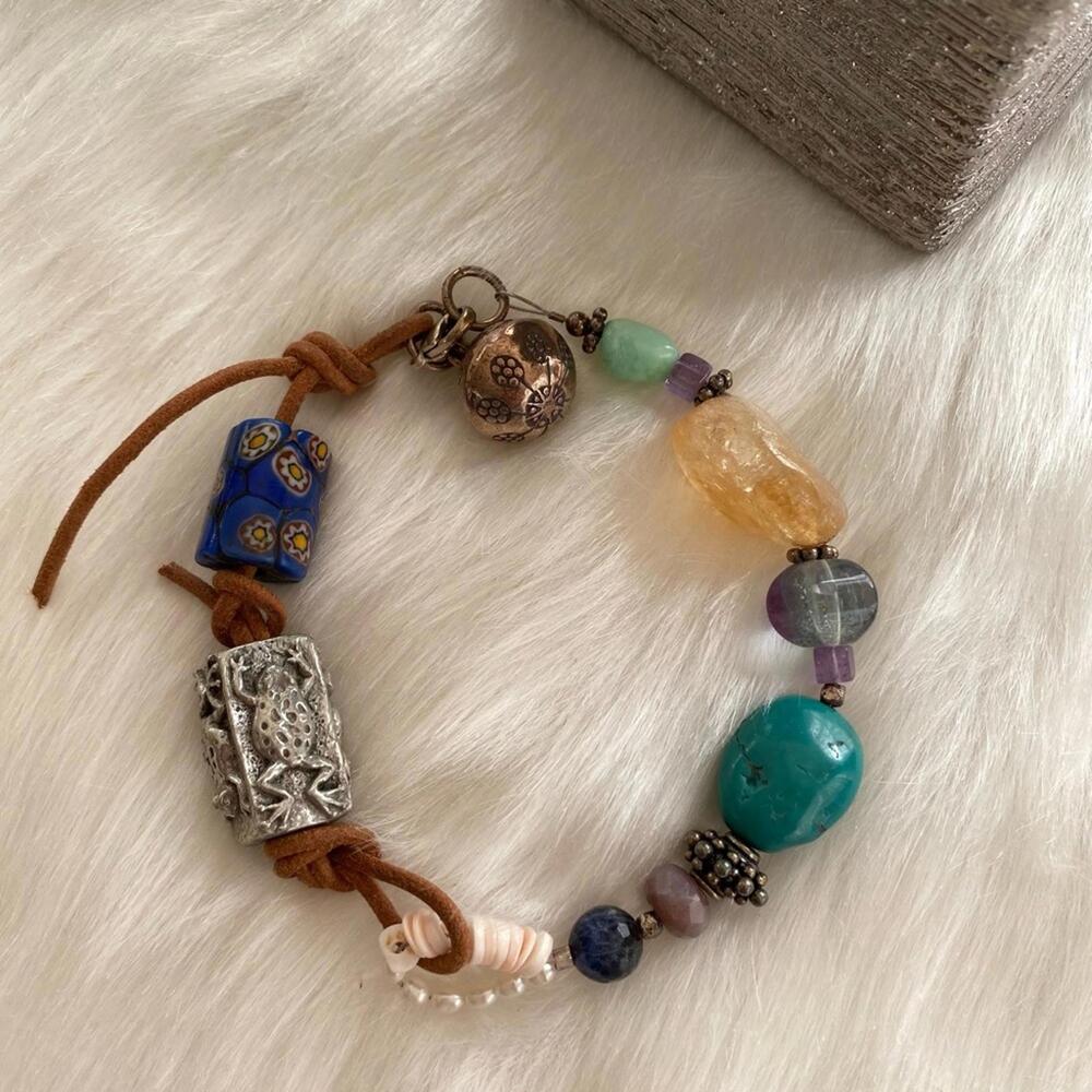 Bohemian Multicolor Beaded Bracelet with Leather Cord